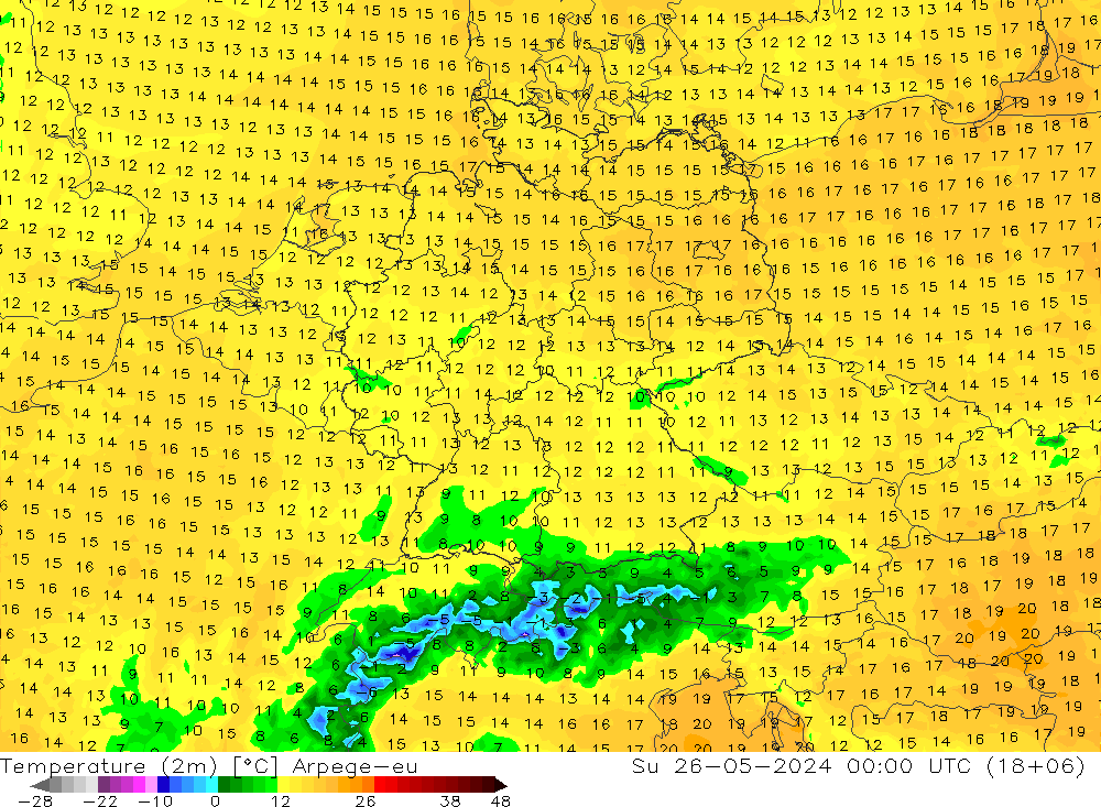 Temperatuurkaart (2m) Arpege-eu zo 26.05.2024 00 UTC