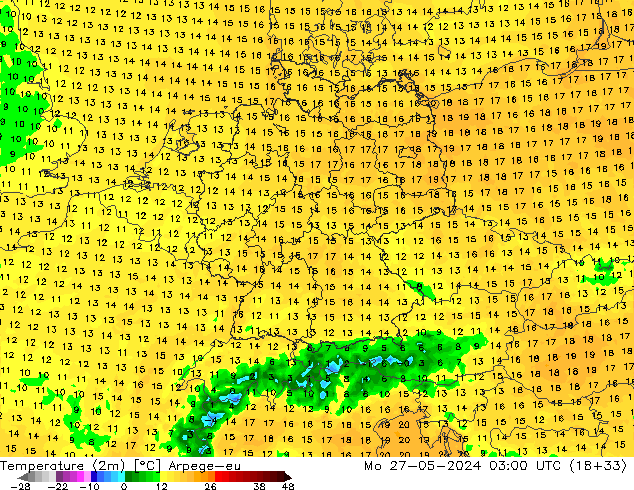 Temperatuurkaart (2m) Arpege-eu ma 27.05.2024 03 UTC