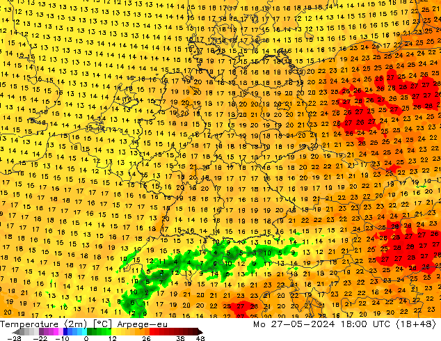 Temperature (2m) Arpege-eu Mo 27.05.2024 18 UTC