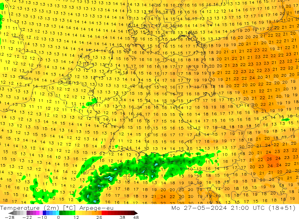 Temperature (2m) Arpege-eu Mo 27.05.2024 21 UTC