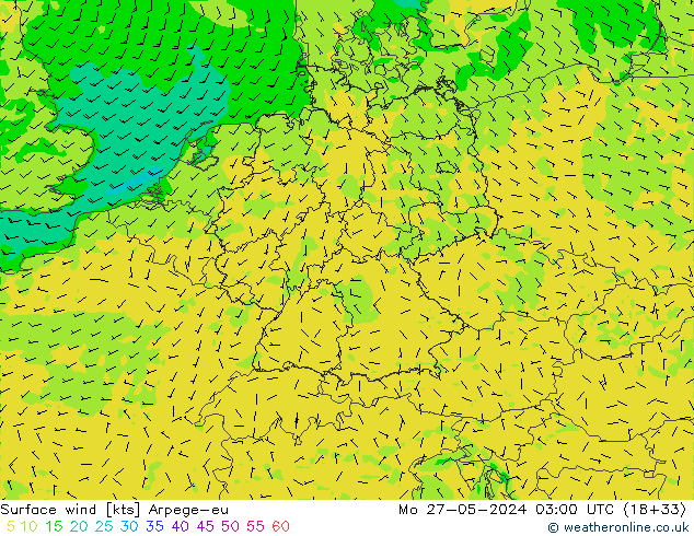 wiatr 10 m Arpege-eu pon. 27.05.2024 03 UTC