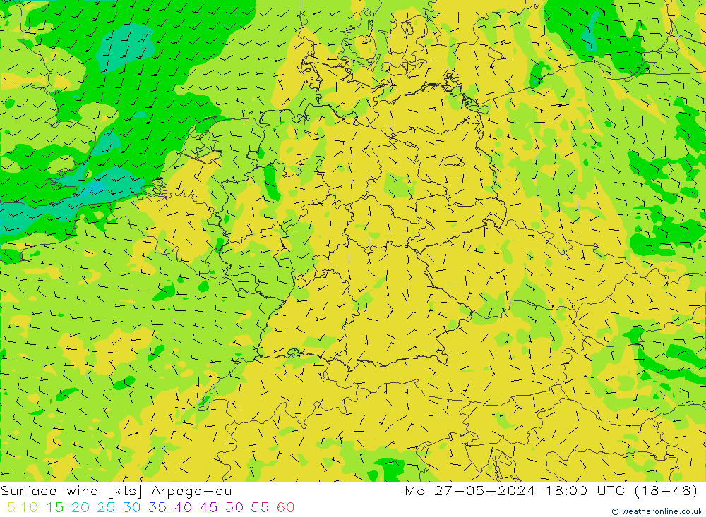Surface wind Arpege-eu Mo 27.05.2024 18 UTC
