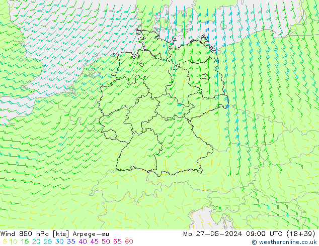 Wind 850 hPa Arpege-eu Po 27.05.2024 09 UTC