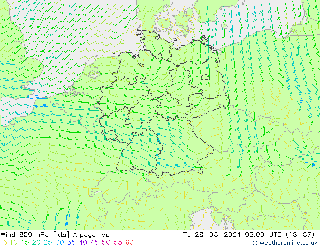 Wind 850 hPa Arpege-eu Út 28.05.2024 03 UTC