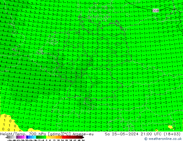 Height/Temp. 700 hPa Arpege-eu 星期六 25.05.2024 21 UTC