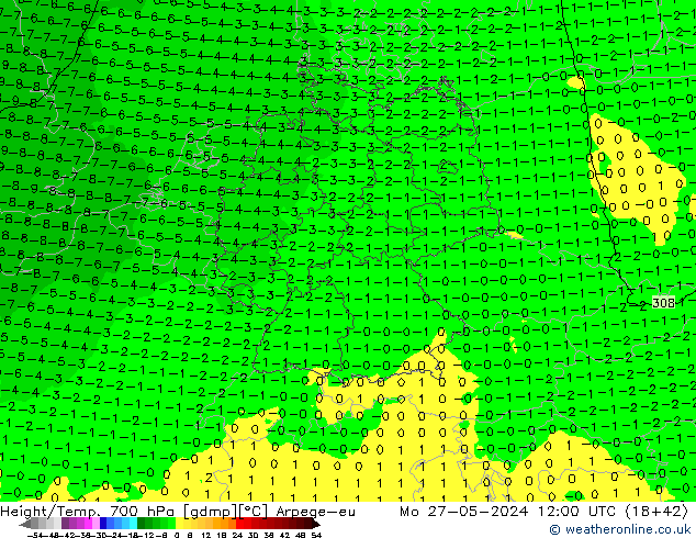 Height/Temp. 700 hPa Arpege-eu Po 27.05.2024 12 UTC