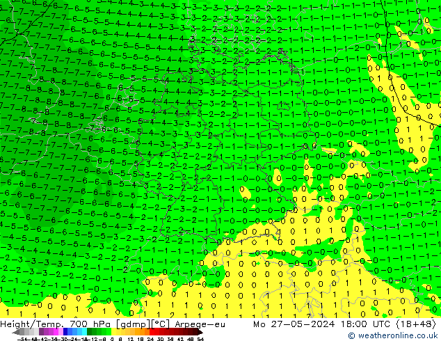 Geop./Temp. 700 hPa Arpege-eu lun 27.05.2024 18 UTC