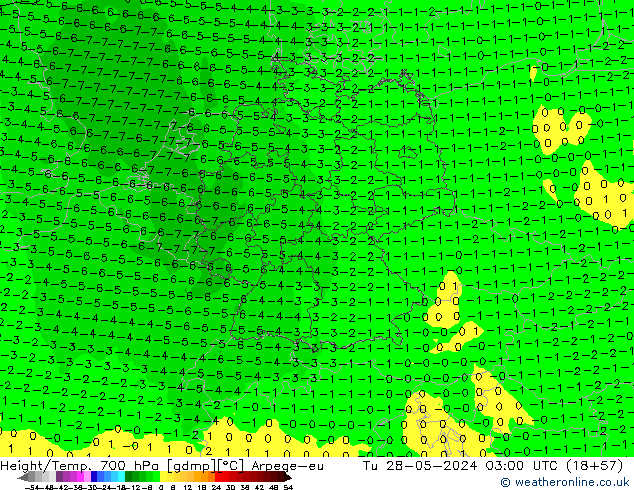 Height/Temp. 700 hPa Arpege-eu Út 28.05.2024 03 UTC