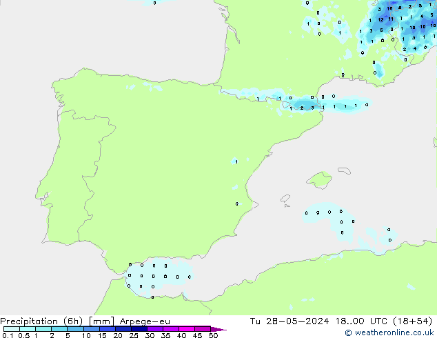 Precipitation (6h) Arpege-eu Tu 28.05.2024 00 UTC