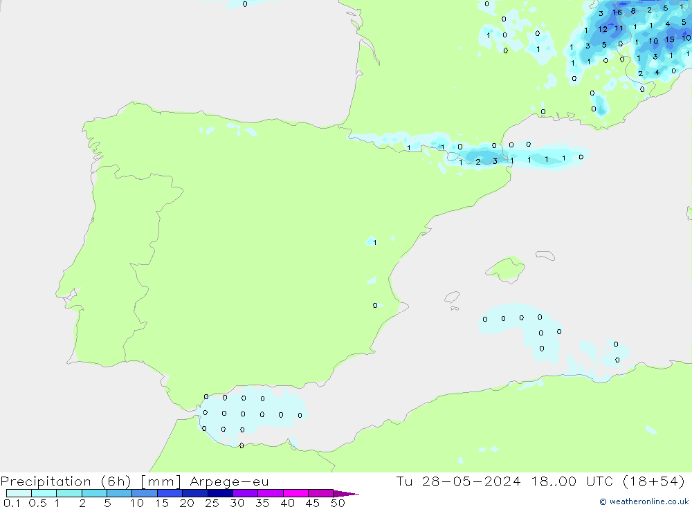 Precipitation (6h) Arpege-eu Tu 28.05.2024 00 UTC