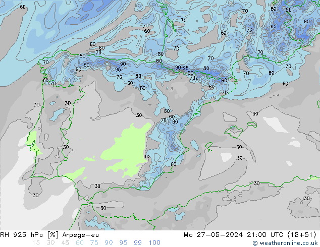 Humidité rel. 925 hPa Arpege-eu lun 27.05.2024 21 UTC