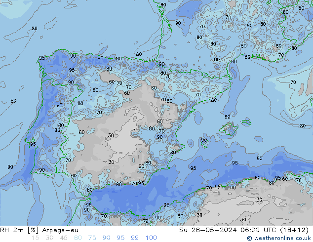 RH 2m Arpege-eu Su 26.05.2024 06 UTC