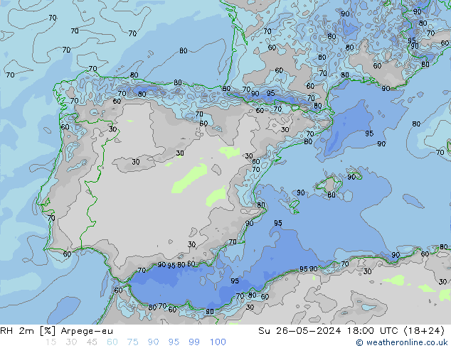 Humidité rel. 2m Arpege-eu dim 26.05.2024 18 UTC