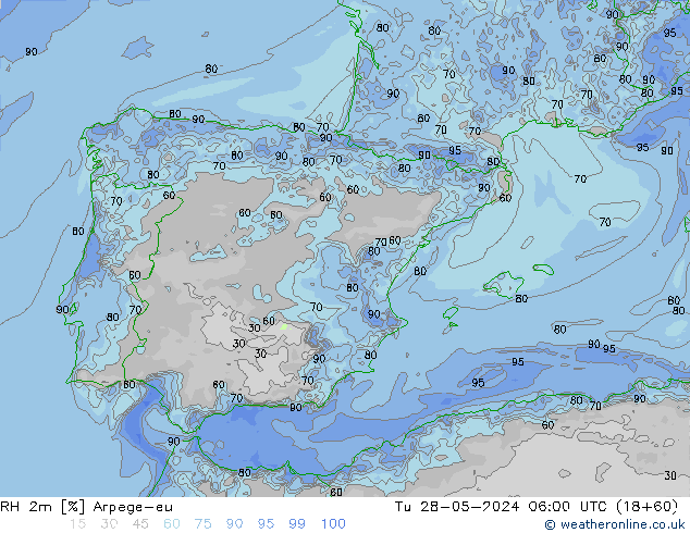 RH 2m Arpege-eu вт 28.05.2024 06 UTC