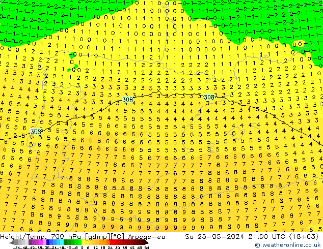 Height/Temp. 700 hPa Arpege-eu sab 25.05.2024 21 UTC