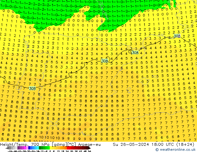 Géop./Temp. 700 hPa Arpege-eu dim 26.05.2024 18 UTC