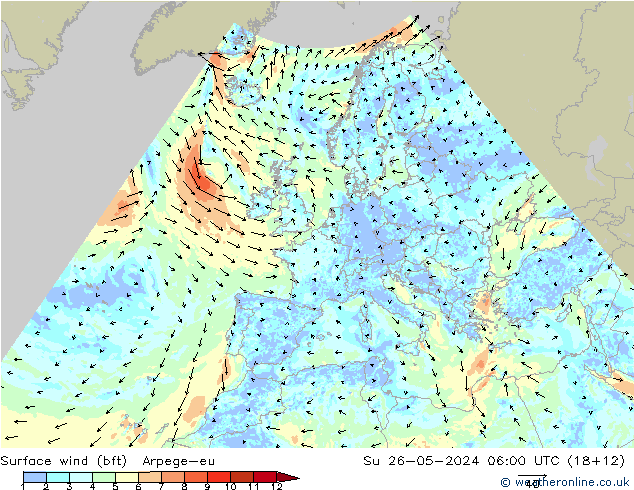 Surface wind (bft) Arpege-eu Su 26.05.2024 06 UTC