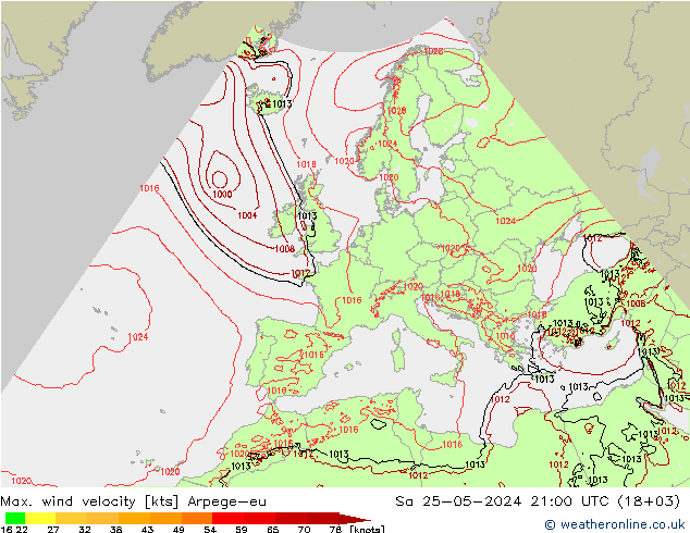Max. wind velocity Arpege-eu sam 25.05.2024 21 UTC