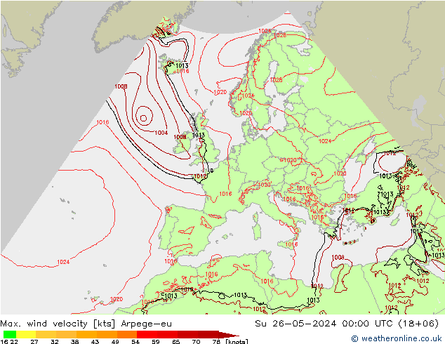 Max. wind velocity Arpege-eu Su 26.05.2024 00 UTC