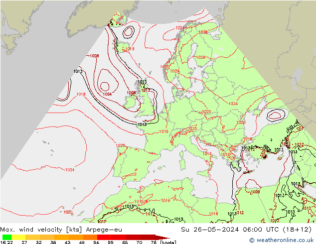 Max. wind velocity Arpege-eu Su 26.05.2024 06 UTC