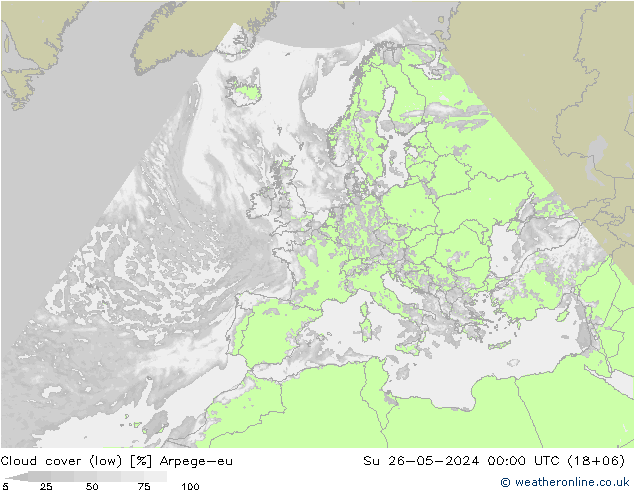 Cloud cover (low) Arpege-eu Su 26.05.2024 00 UTC