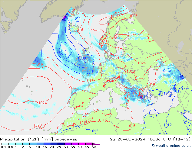 Yağış (12h) Arpege-eu Paz 26.05.2024 06 UTC