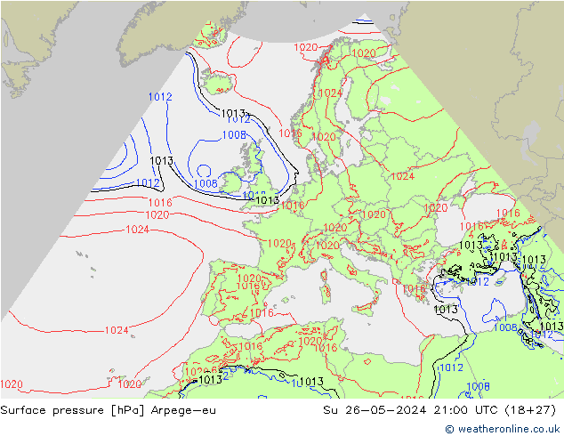 Pressione al suolo Arpege-eu dom 26.05.2024 21 UTC