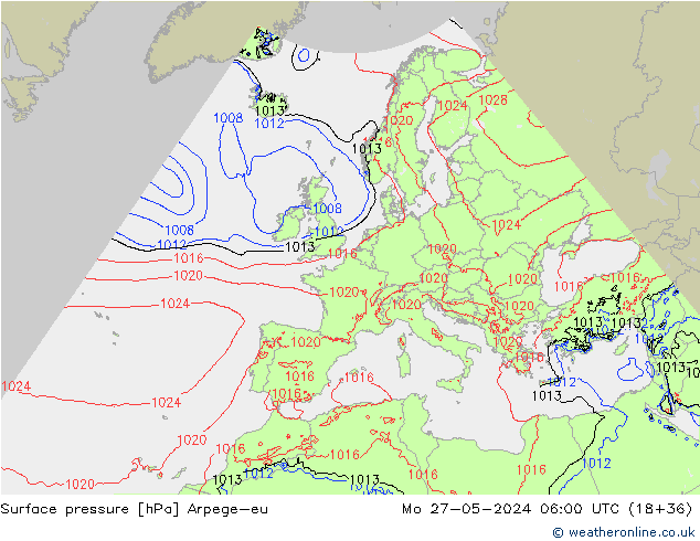 Surface pressure Arpege-eu Mo 27.05.2024 06 UTC