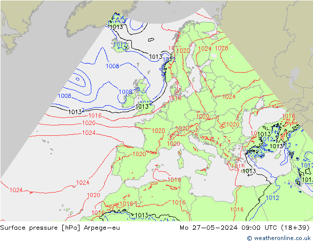 Atmosférický tlak Arpege-eu Po 27.05.2024 09 UTC