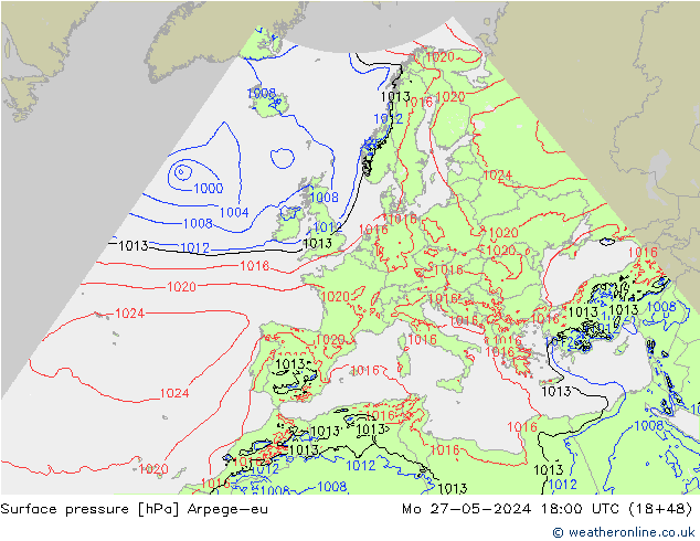 Surface pressure Arpege-eu Mo 27.05.2024 18 UTC