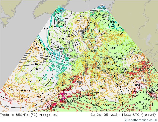 Theta-e 850hPa Arpege-eu So 26.05.2024 18 UTC