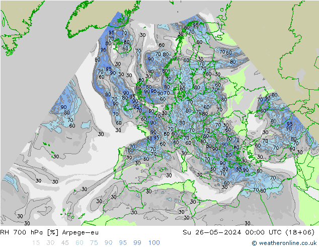 RH 700 гПа Arpege-eu Вс 26.05.2024 00 UTC