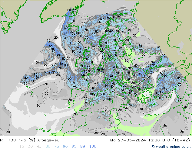 RH 700 hPa Arpege-eu Mo 27.05.2024 12 UTC