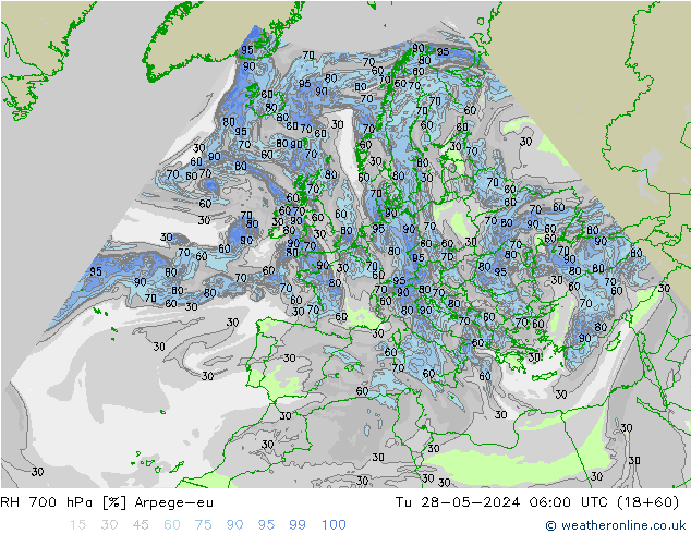 RH 700 гПа Arpege-eu вт 28.05.2024 06 UTC