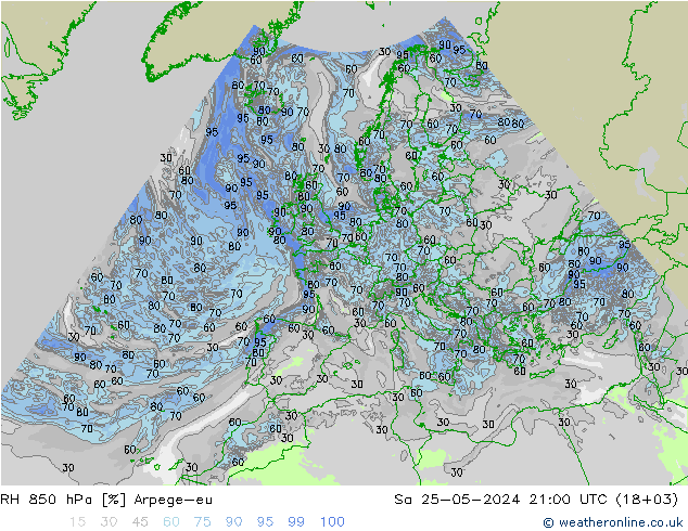 RH 850 hPa Arpege-eu Sa 25.05.2024 21 UTC