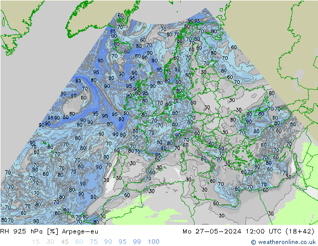 RH 925 hPa Arpege-eu Mo 27.05.2024 12 UTC