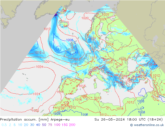 Totale neerslag Arpege-eu zo 26.05.2024 18 UTC