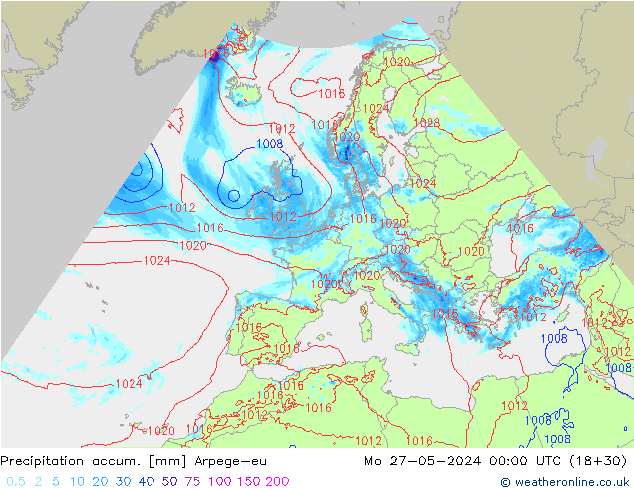 Precipitation accum. Arpege-eu Mo 27.05.2024 00 UTC