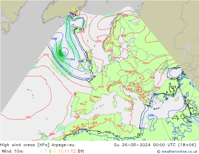 High wind areas Arpege-eu 星期日 26.05.2024 00 UTC