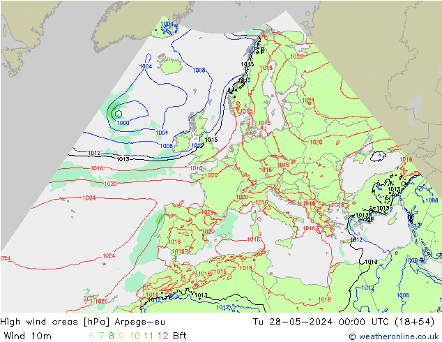 High wind areas Arpege-eu  28.05.2024 00 UTC