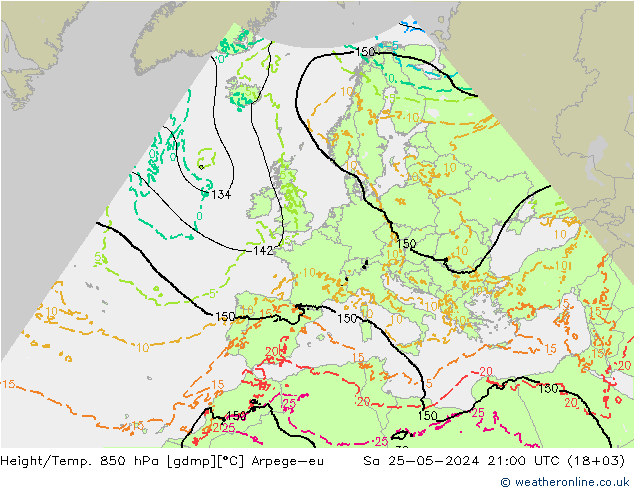 Height/Temp. 850 гПа Arpege-eu сб 25.05.2024 21 UTC