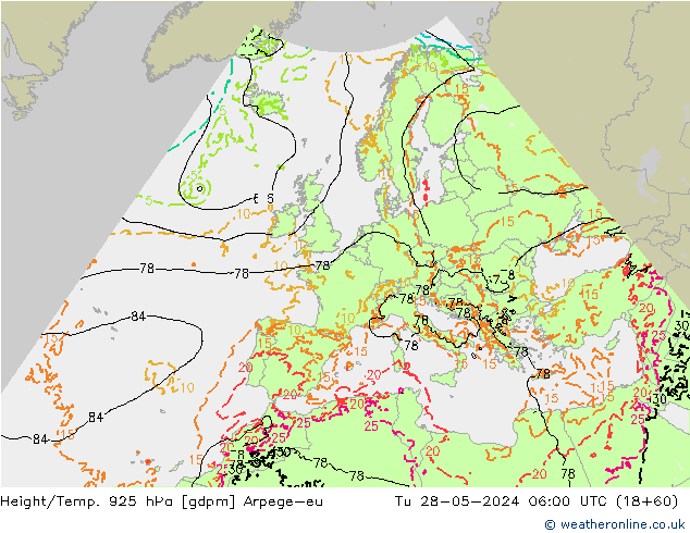 Height/Temp. 925 hPa Arpege-eu Tu 28.05.2024 06 UTC