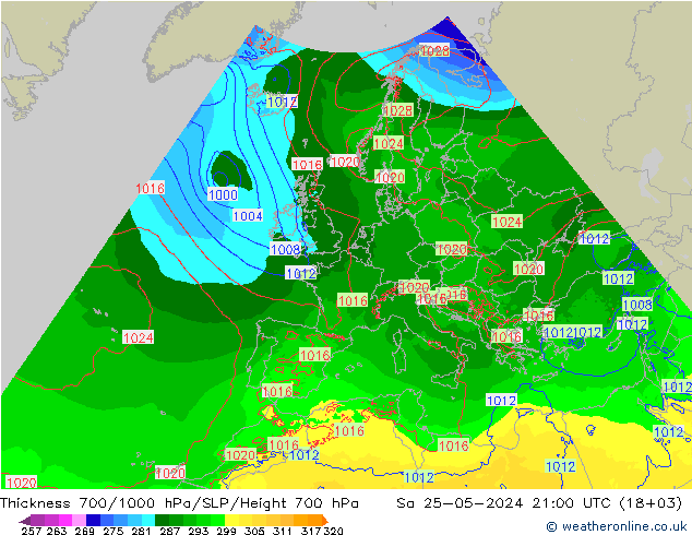 Espesor 700-1000 hPa Arpege-eu sáb 25.05.2024 21 UTC