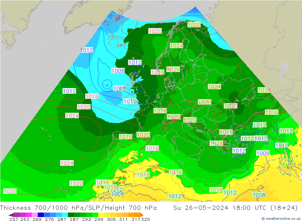 700-1000 hPa Kalınlığı Arpege-eu Paz 26.05.2024 18 UTC