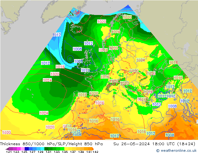 Schichtdicke 850-1000 hPa Arpege-eu So 26.05.2024 18 UTC