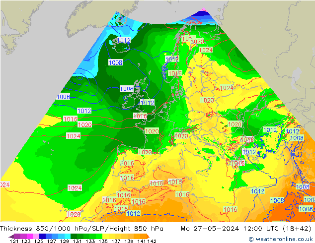 Thck 850-1000 hPa Arpege-eu Mo 27.05.2024 12 UTC