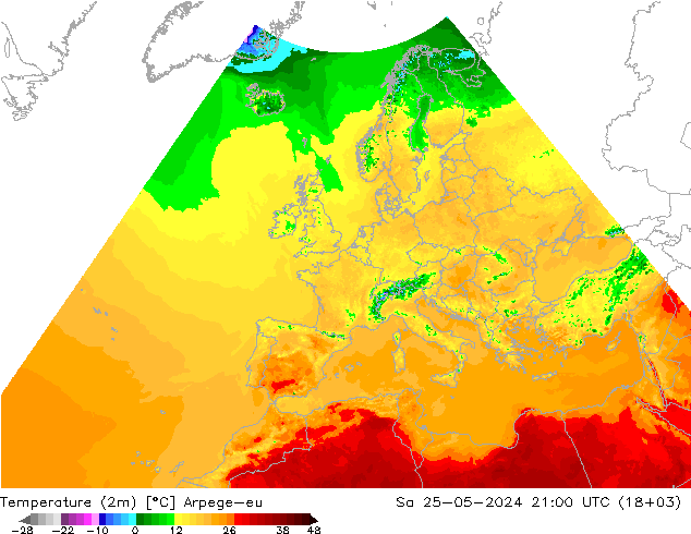 Temperaturkarte (2m) Arpege-eu Sa 25.05.2024 21 UTC