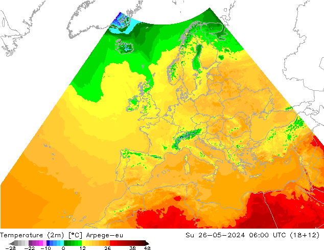 Temperaturkarte (2m) Arpege-eu So 26.05.2024 06 UTC