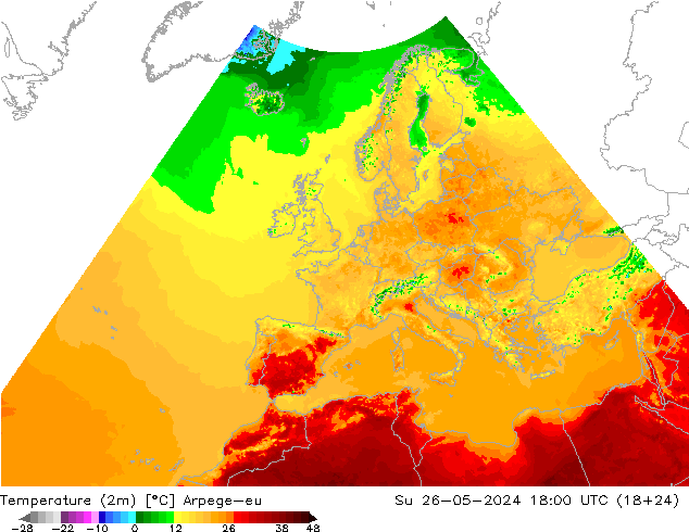 Temperatura (2m) Arpege-eu dom 26.05.2024 18 UTC