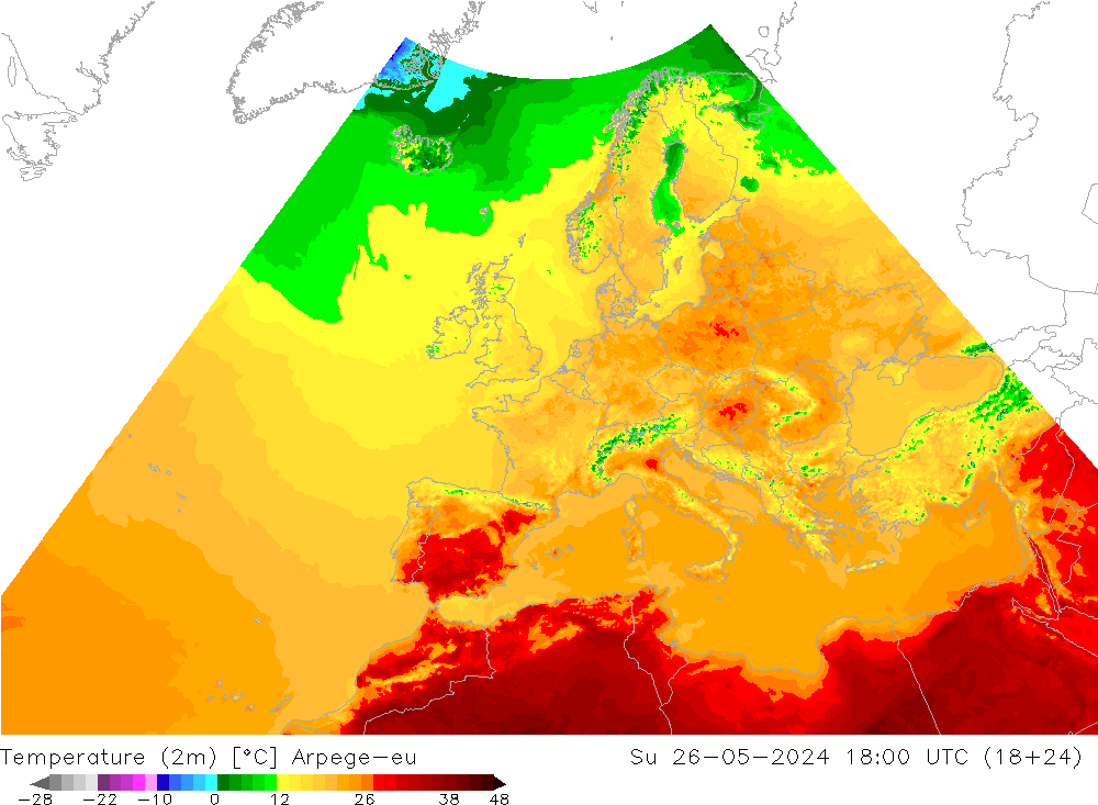 Temperatura (2m) Arpege-eu dom 26.05.2024 18 UTC